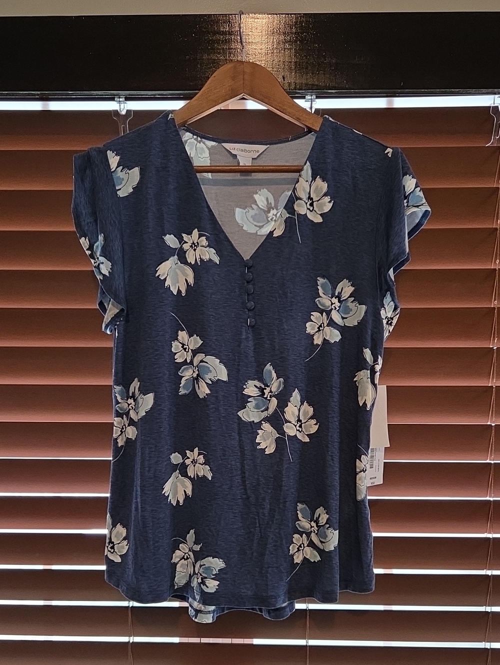 Liz Claiborne Navy Blue Floral V-Neck Flutter Sleeve Top